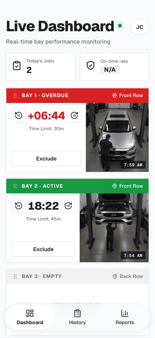 The BayMetrics app on a phone, showing the live dashboard with one bay overdue and one active