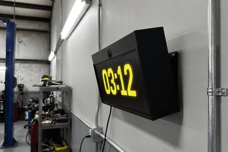 BayMetrics device on the shop wall in warning status with 3 minutes 12 seconds left to complete the job